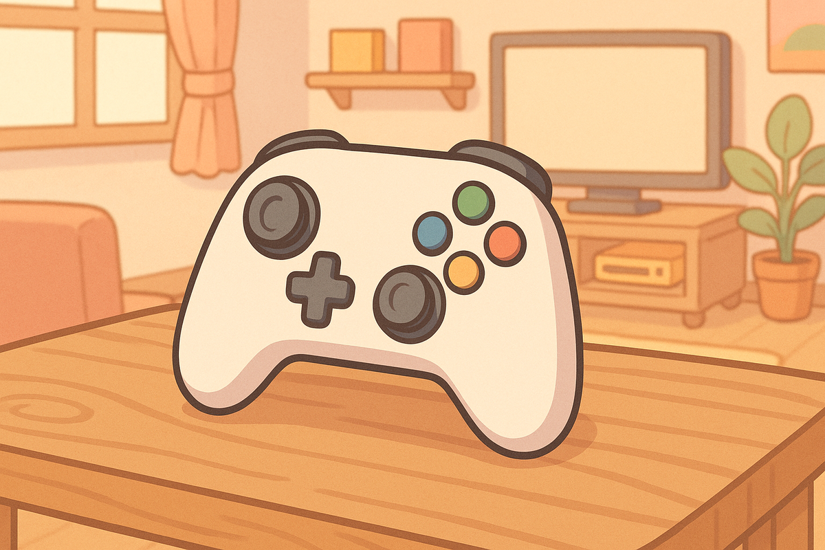 A soft, pastel-style wireless game controller on a wooden table in a cozy game room.