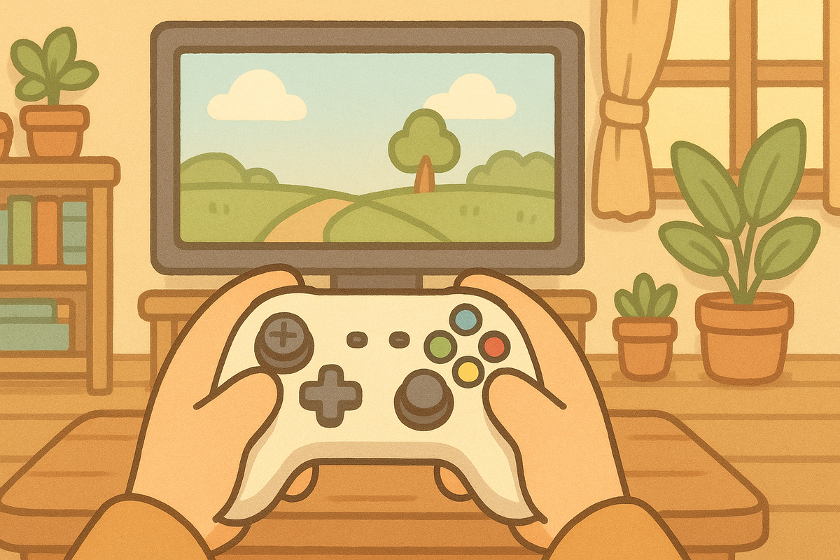 Wholesome cartoon-style hands holding a wireless game controller, with TV screen showing a peaceful green field. Pastel tones, warm home interior.