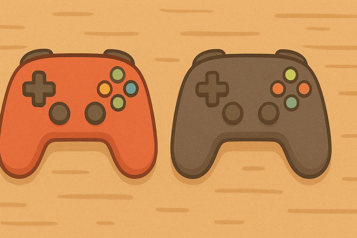 Cute illustration of two wireless game controllers, bright red and dark gray, top-down view, flat wooden background.