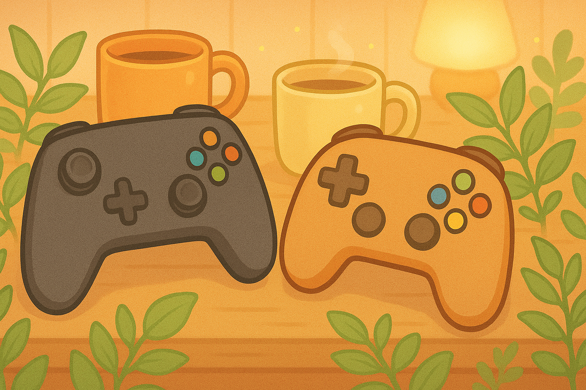Two colorful game controllers on a cozy wooden table with coffee mugs and leafy decorations in a soft pop-art style