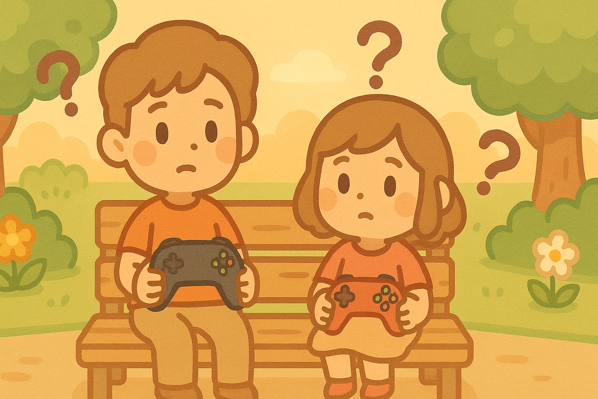 A sweet moment of confusion in a park, as two kids hold different gaming controllers and wonder which one to choose. A cozy and relatable scene of playful indecision.