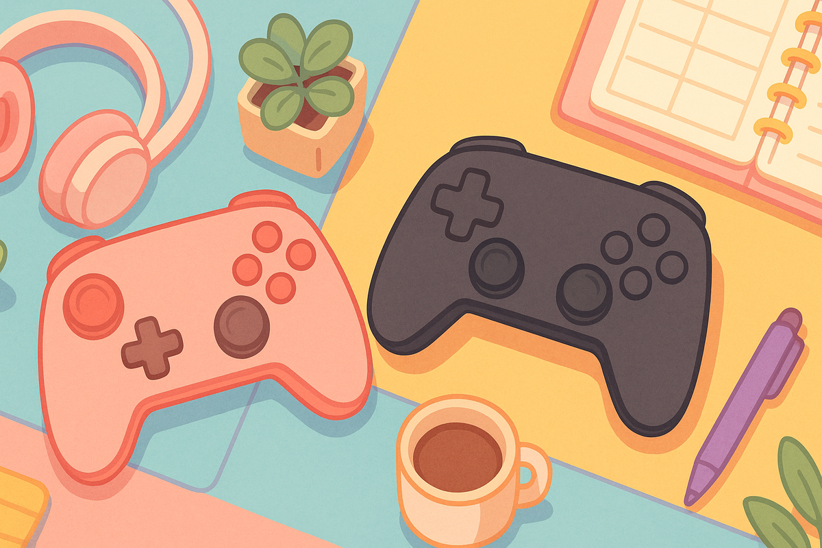 Two vibrant game controllers on a colorful desk, surrounded by a warm cup of coffee and a playful touch of stationery — a joyful setup for choosing your perfect gaming gear.