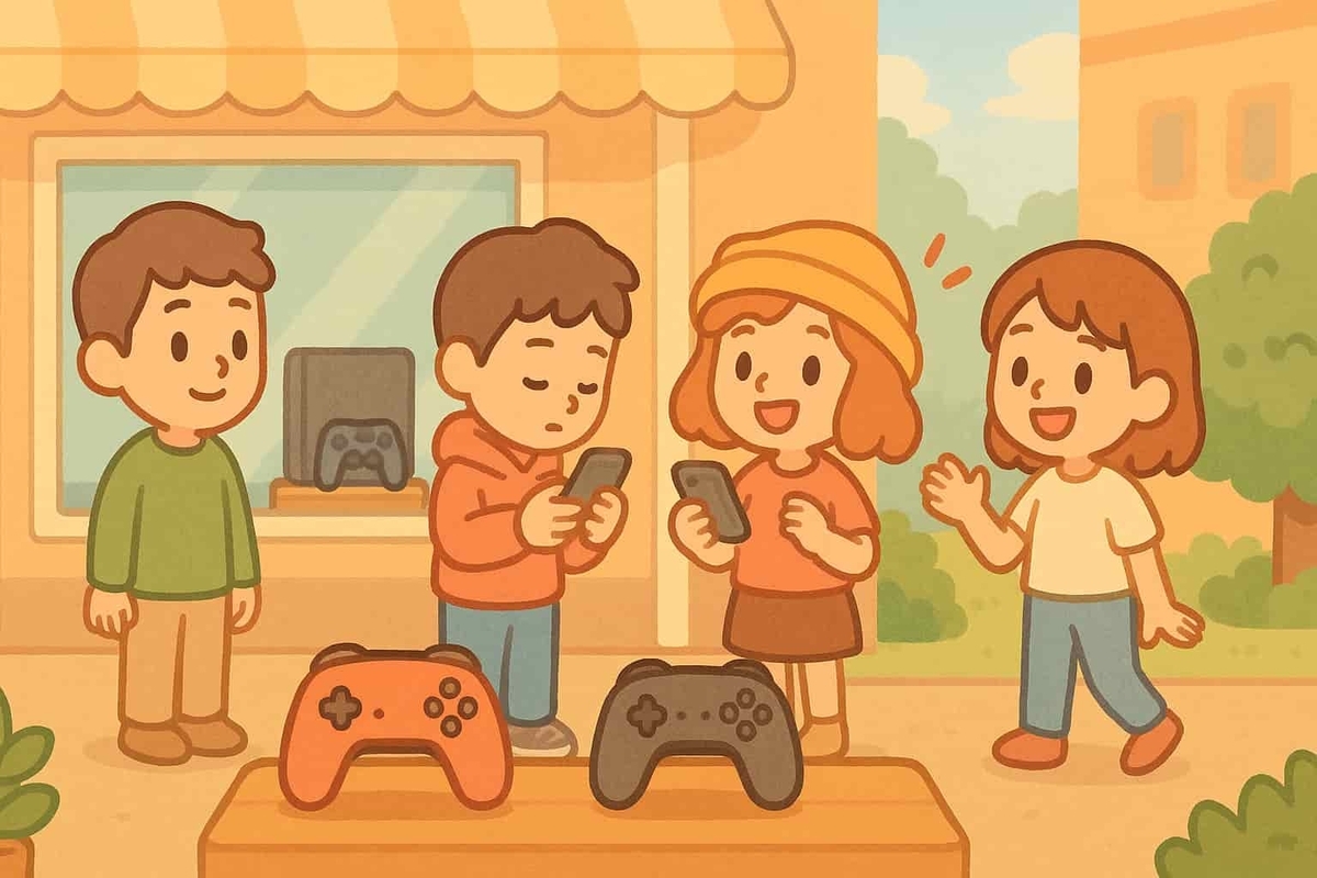 A cheerful group of people happily sharing tips and using their smartphones in front of a game shop, full of hope and excitement despite the shortage of the new console."