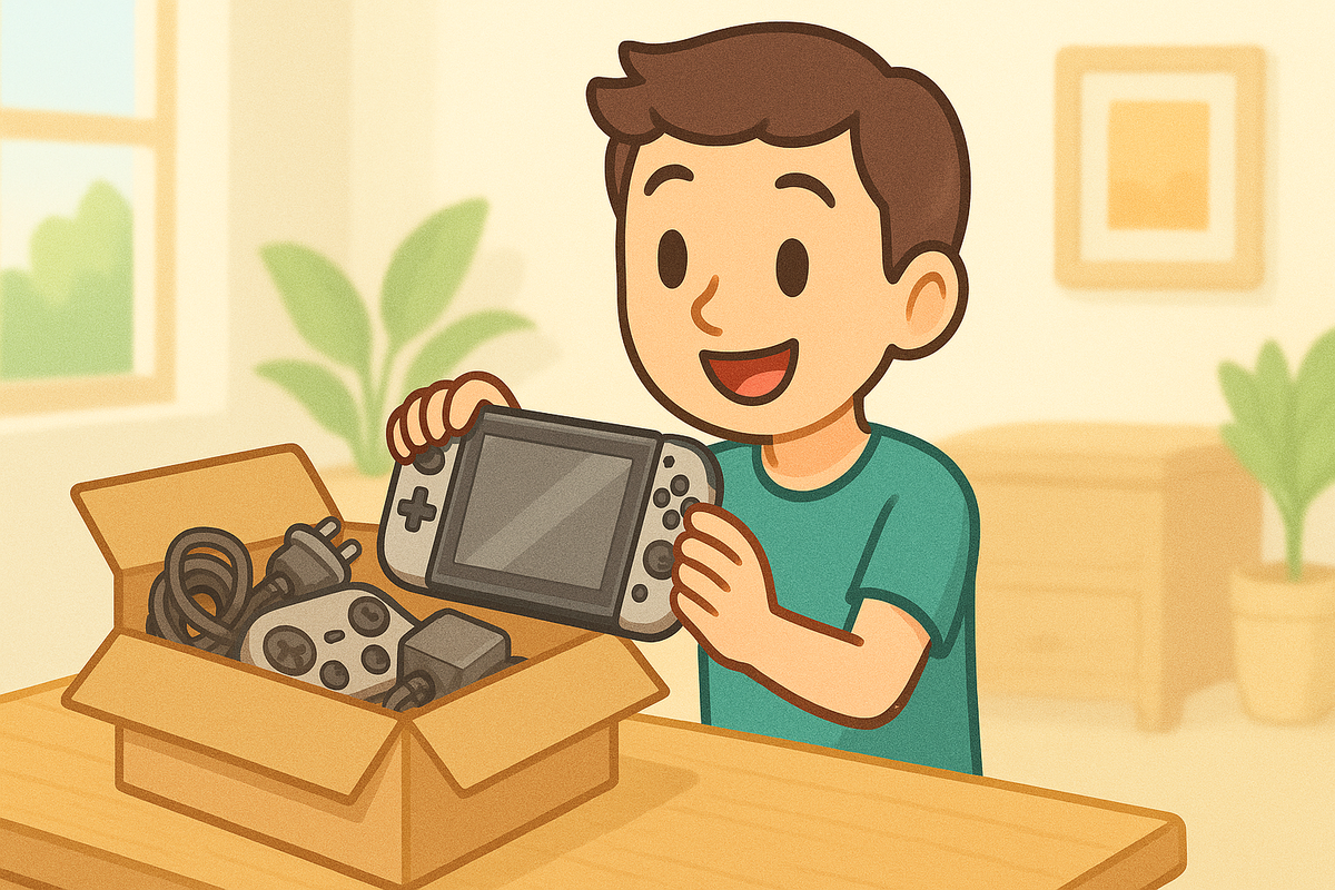 笑顔の男性がゲーム機と付属品を丁寧に箱に詰めている様子。初めての宅配買取でも安心して売れる雰囲気が伝わる。