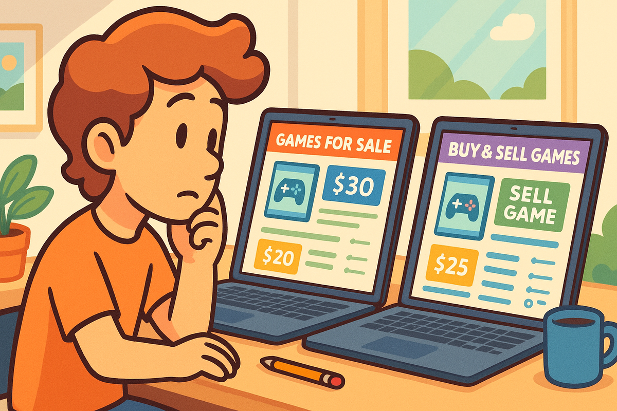 ゲームを買うか売るか迷っている少年。お得な選択を探して悩むその表情には、私たちも共感！