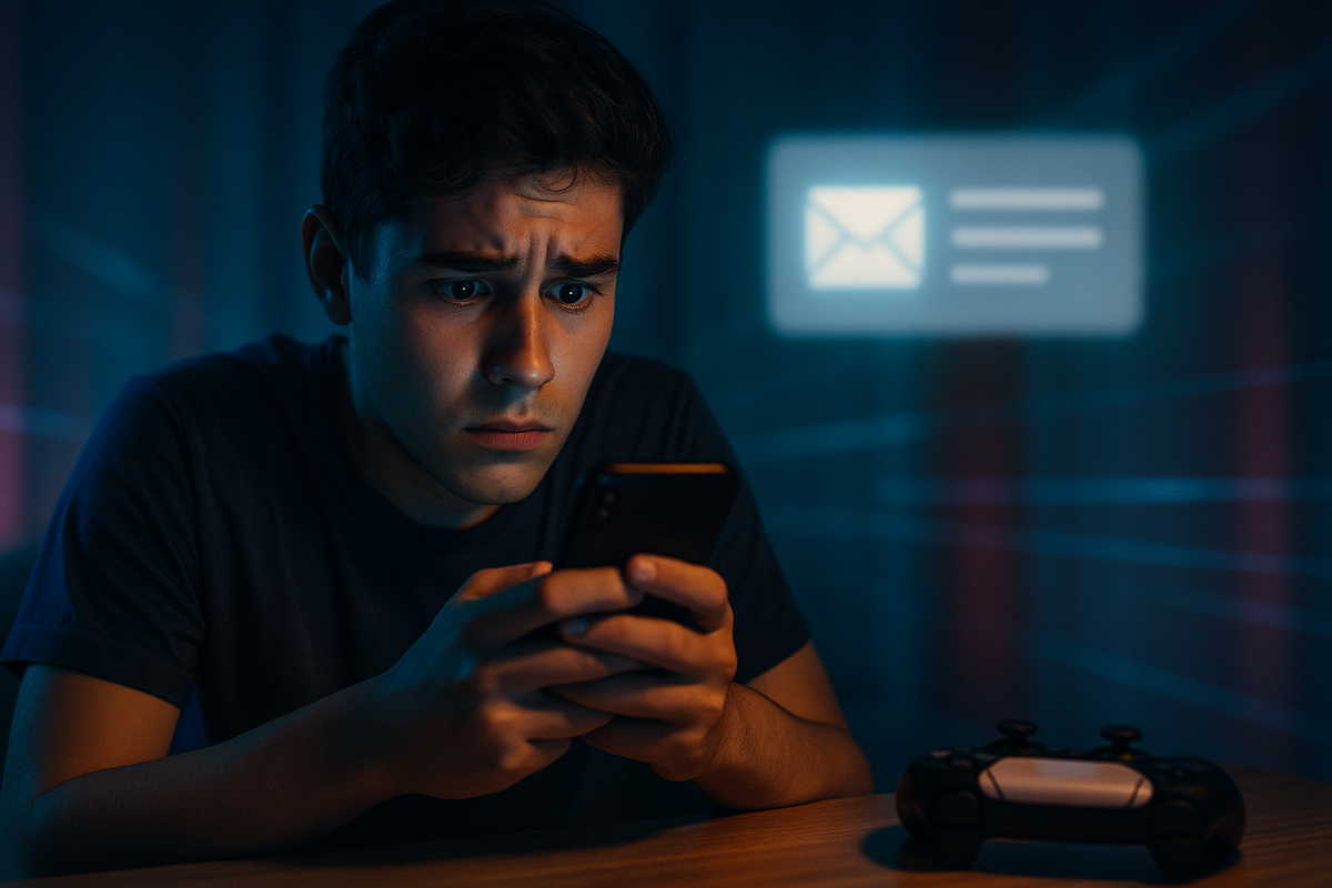 A worried young man checking lottery result on smartphone with email notification icon in background.