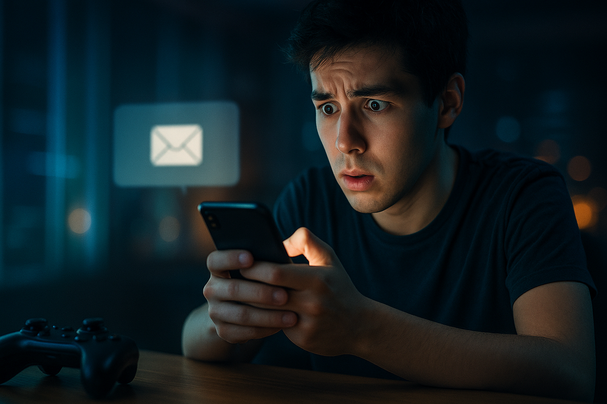 Shocked young man staring at smartphone after receiving unexpected email notification.