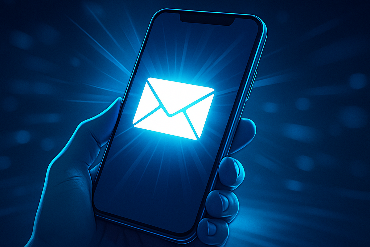 Stylized glowing envelope icon on smartphone screen, signifying a received notification.