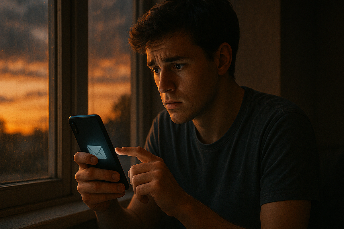 A young man anxiously checking his smartphone near a window at dawn, waiting for an important email notification.