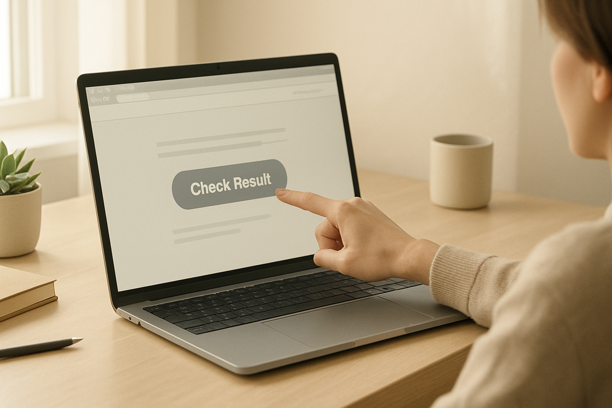 A person about to click the "Check Result" button on a laptop screen, feeling nervous and hopeful while waiting for an important announcement.