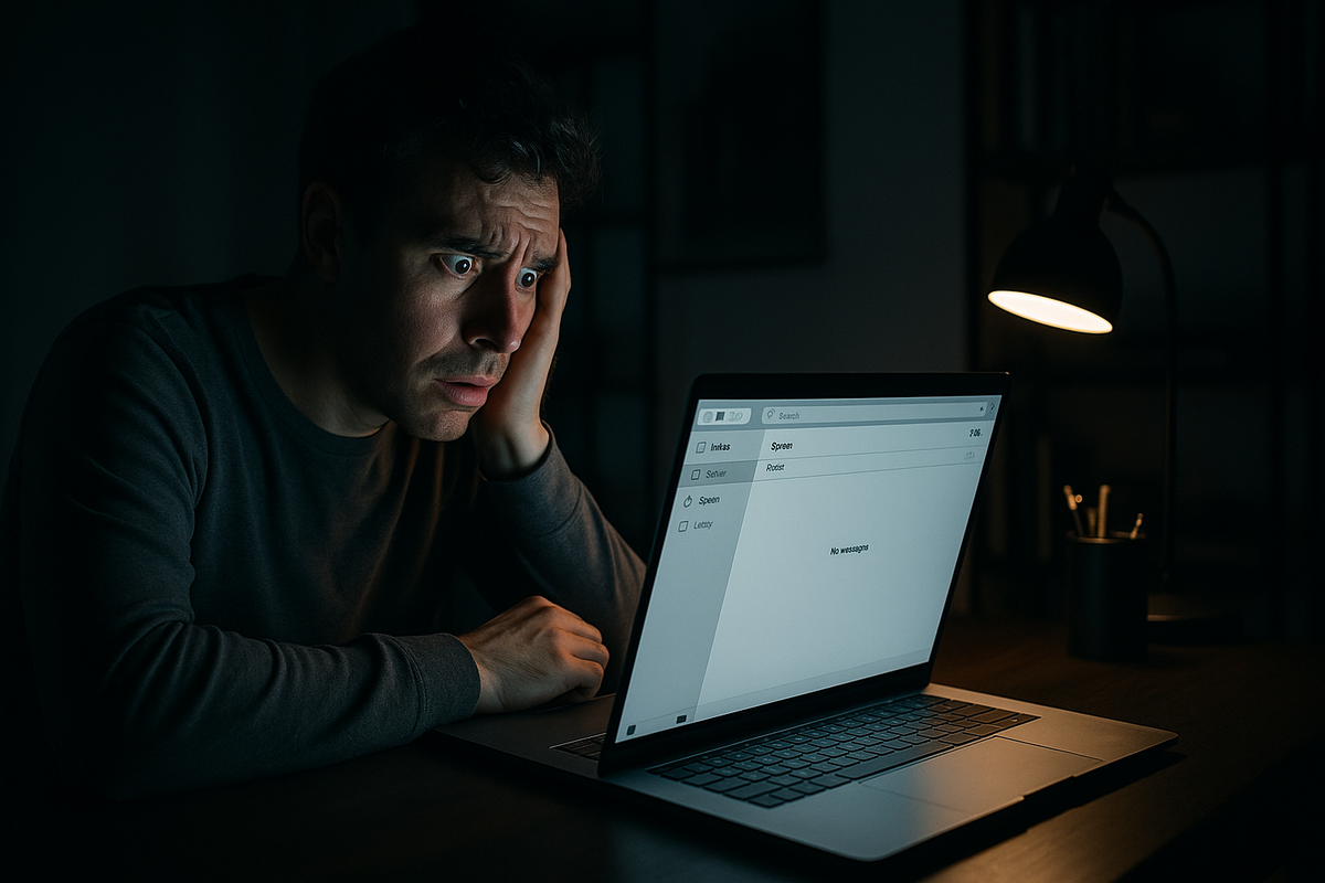 夜中、メールボックスを確認し続ける男性。不安そうな表情で「まだメールが来ない」ことに落胆している様子。