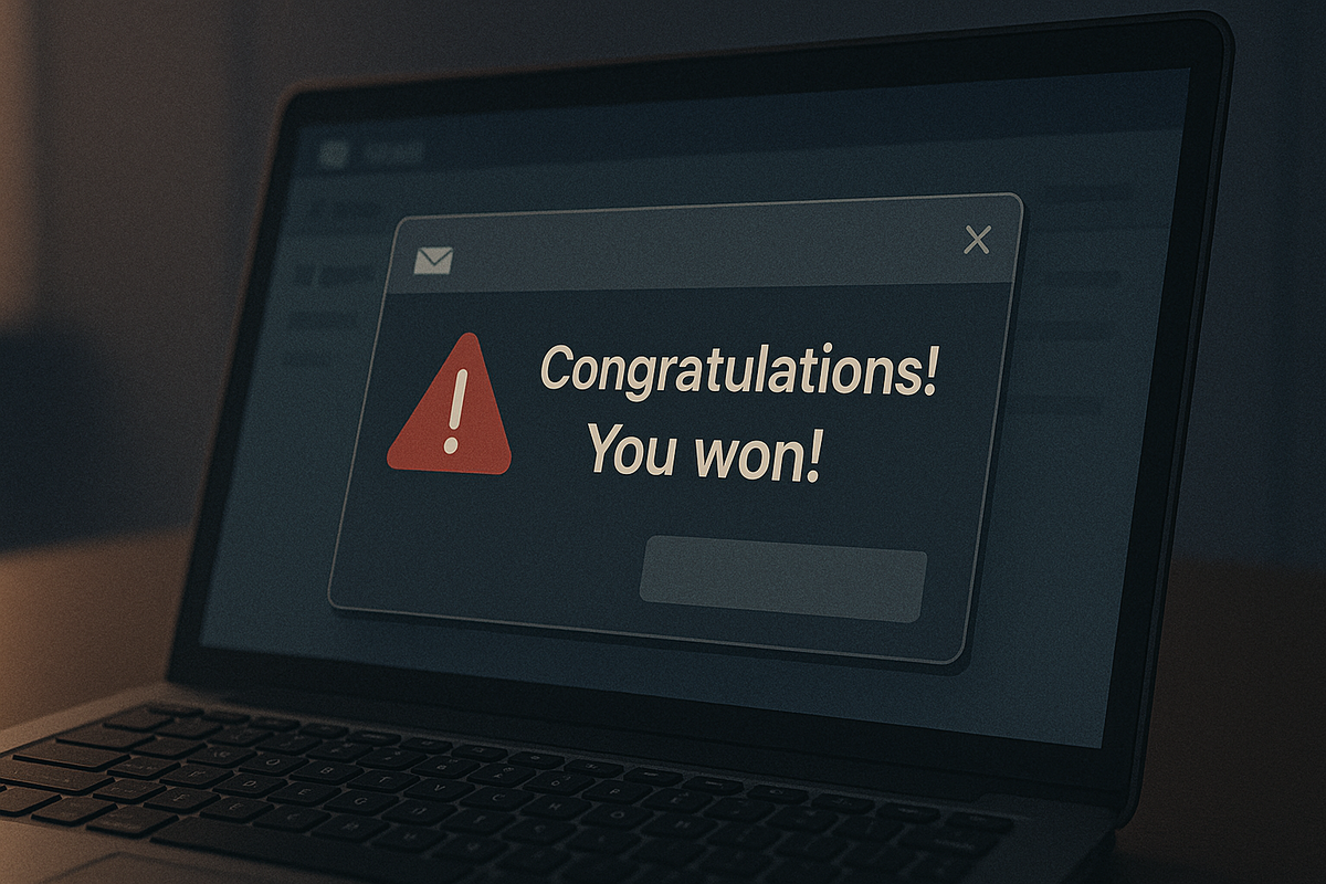A suspicious email pop-up saying "Congratulations! You won!" on a dark laptop screen, with a red warning icon — a visual warning of online scam danger.