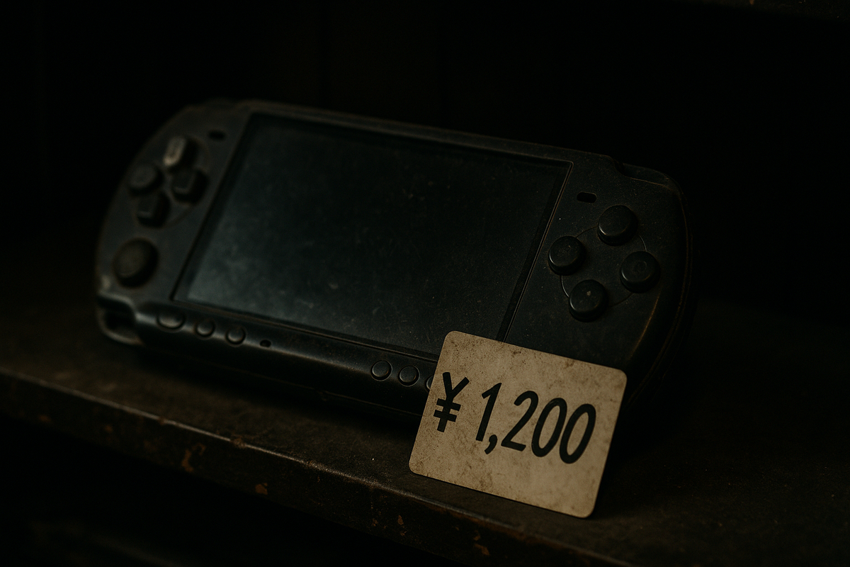 Old portable game console with a worn-out look, priced at just ¥1,200 — a harsh sign of market devaluation.