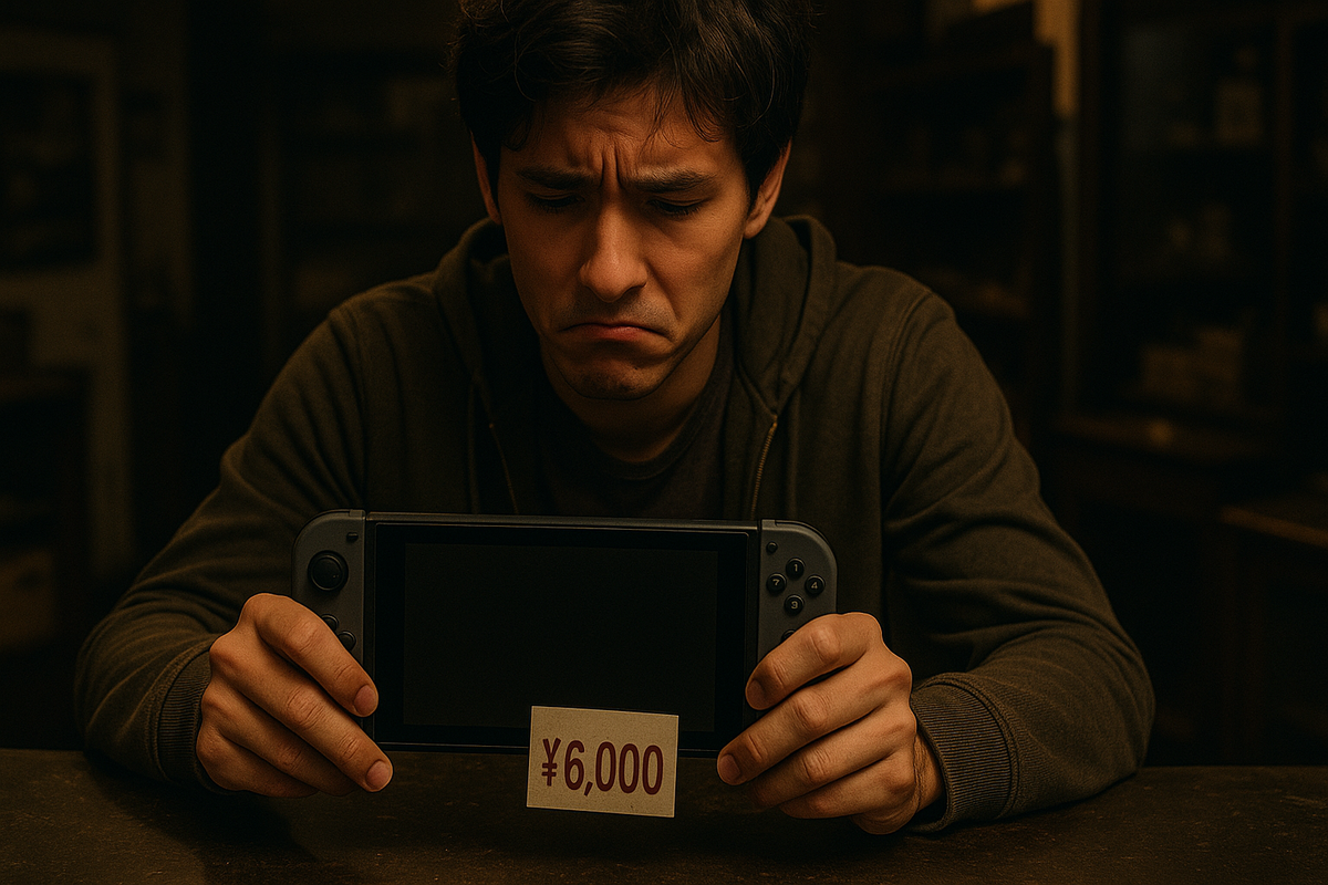 A man frowns as he holds his Nintendo-style console, staring at a ¥6,000 tag — far less than he expected.