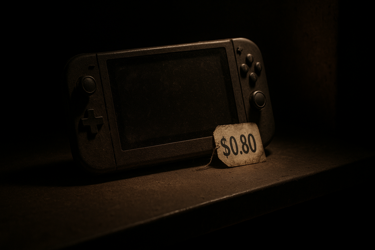 「埃をかぶった携帯ゲーム機と、その前に置かれた『$0.80』の値札。信じられない価格が視覚的に強調されている。」