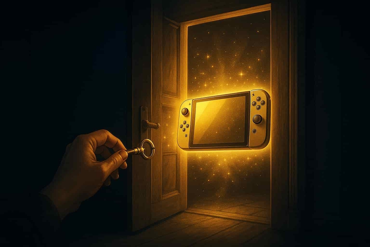 A glowing golden console floating beyond a slightly opened door, as a hand reaches with a key. A cinematic moment capturing the feeling of unlocking a secret chance only winners know.