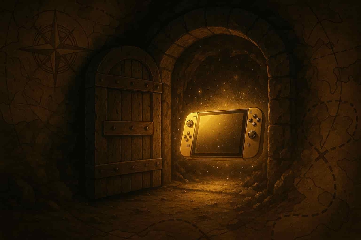 A glowing handheld console discovered at the end of a secret underground tunnel, surrounded by ancient treasure maps, evoking a sense of mystery, excitement, and hidden opportunity