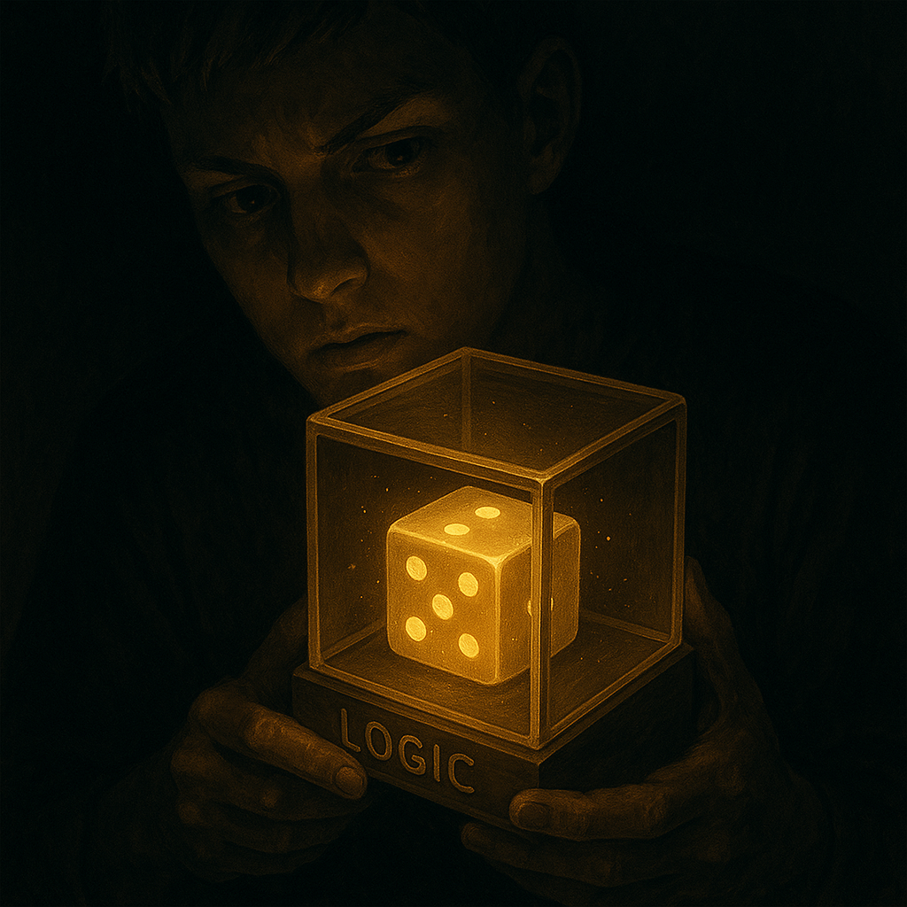 A young man stares at a glowing dice trapped inside a transparent box labeled “LOGIC” — realizing the Switch2 lottery is not just about luck, but a system waiting to be understood.