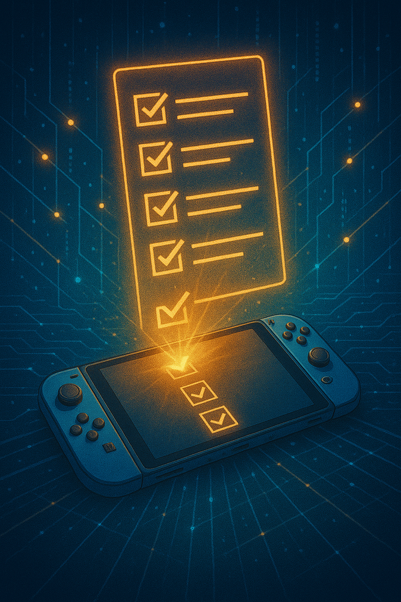 A glowing checklist emerges from a gaming console, each box lighting up as if unlocking hidden conditions — symbolizing the satisfaction of meeting every requirement to win the Switch2 lottery.