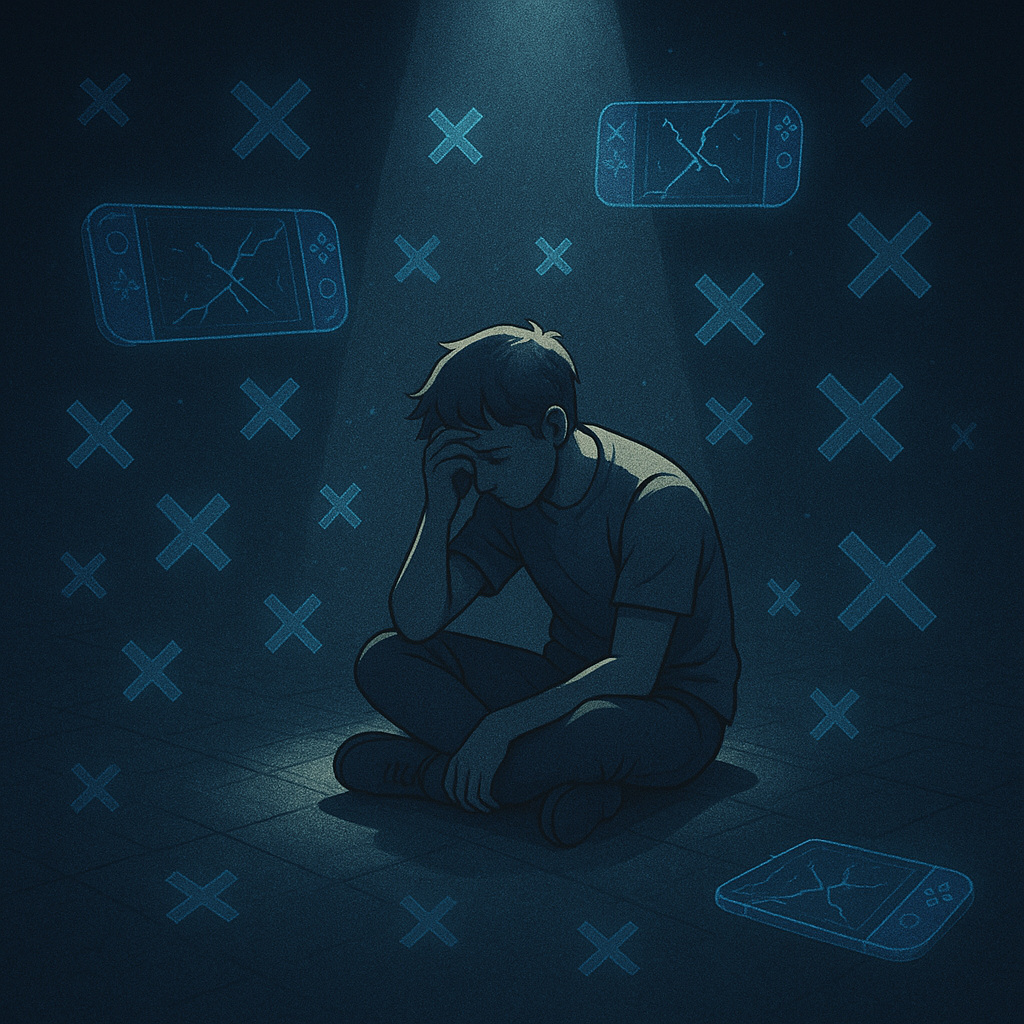 A sad boy sitting under a spotlight, surrounded by broken handheld consoles and 'X' marks, symbolizing repeated lottery failures and deep disappointment.