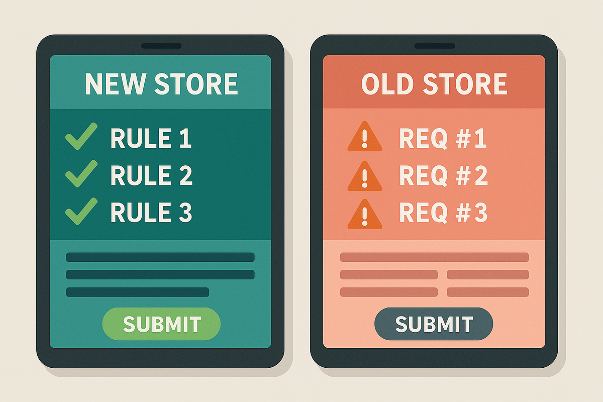 Side-by-side comparison of two digital application forms: the new store interface shows a smooth submission process with green checkmarks, while the old store displays red warning signs and error messages—visually emphasizing the frustration and confusion applicants may face in different lottery systems.