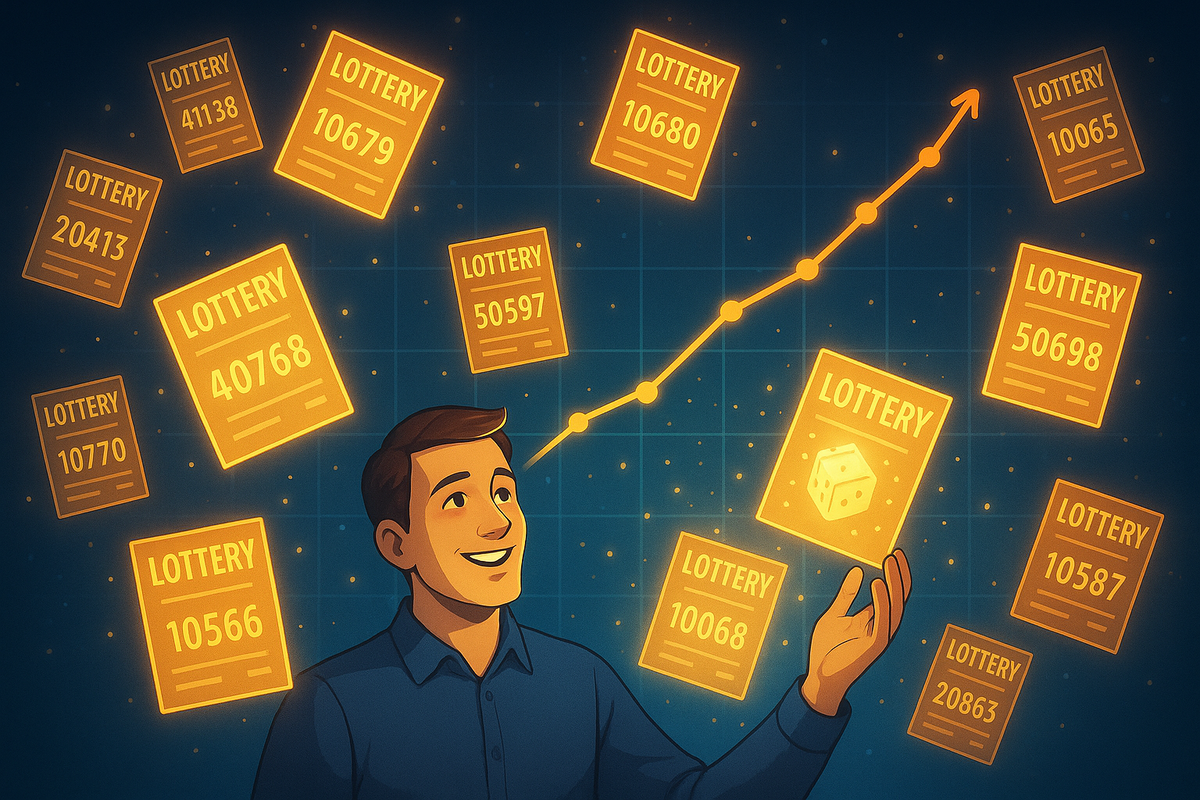 A hopeful man surrounded by glowing digital lottery tickets and a rising graph, symbolizing the increasing odds with multiple entries — the thrill of possibility and the strategy of action.