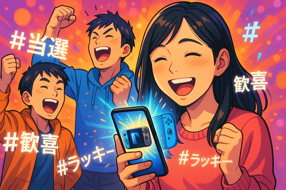 Japanese users celebrating a lottery win, sharing on social media, smartphone in hand, overlay of hashtags, digital age style, vibrant color palette, 16:9 --no logo, brand, text, Nintendo