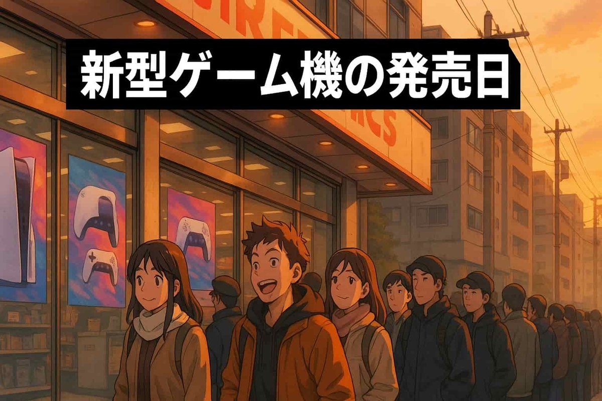 On the launch day of a new gaming console, a long line of excited people forms outside a large electronics store. Despite the chilly morning, young customers smile with anticipation, capturing the electric atmosphere of a major product release.