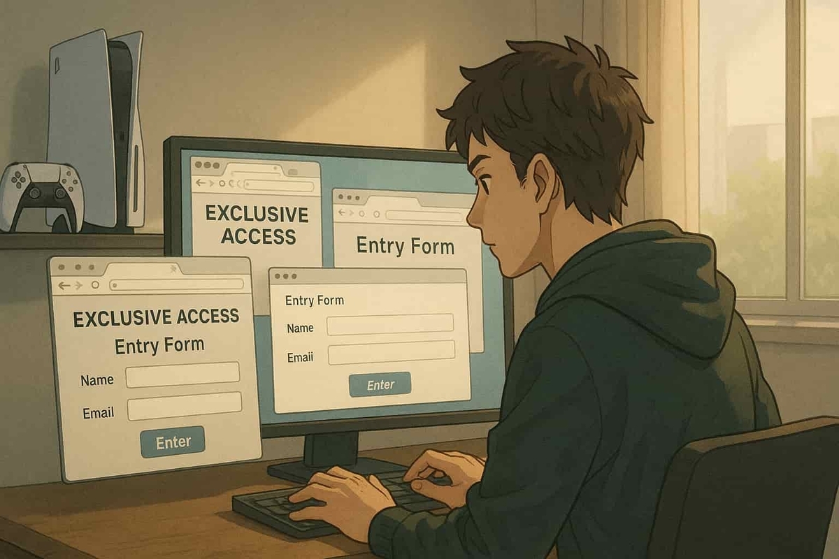 A young man intensely filling out multiple exclusive access entry forms on his computer screen, fully focused and determined to secure a long-awaited console. A quiet morning light adds contrast to the tension of the digital lottery moment.