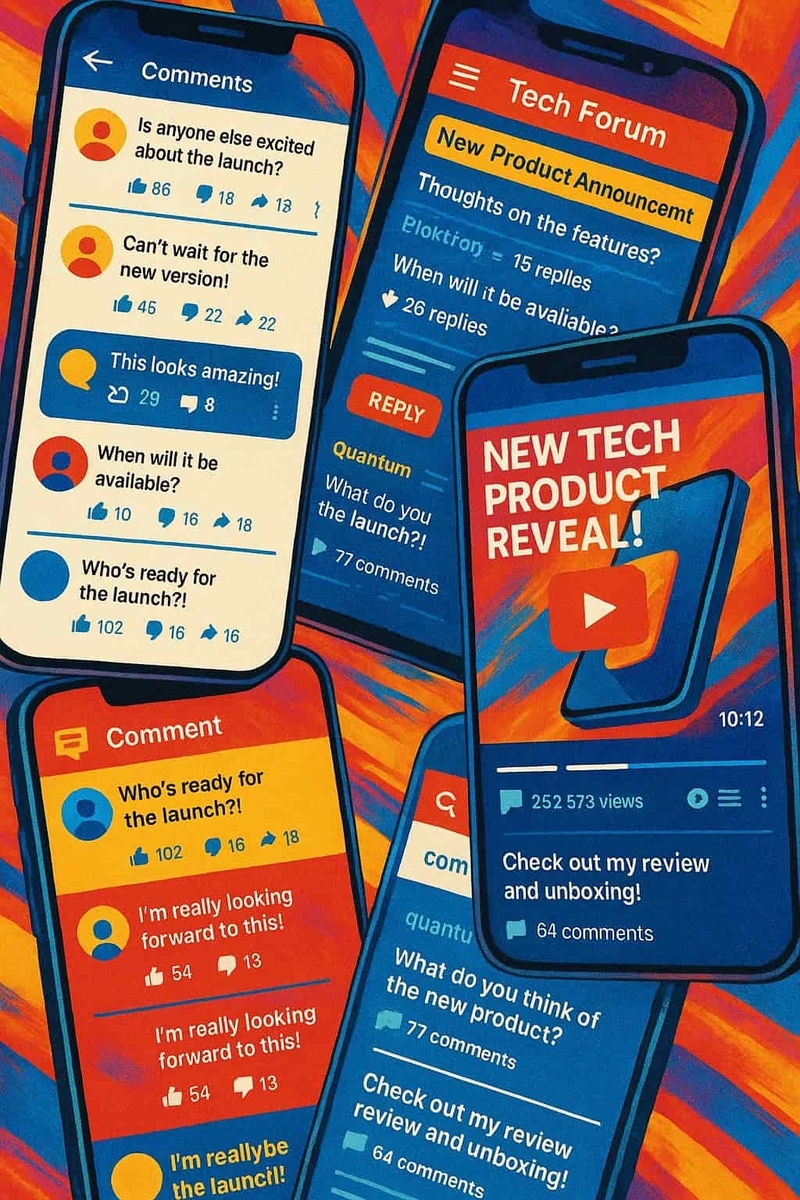Smartphone screens filled with excited comments and forum posts about a new tech product launch. Buzzing online discussions, reviews, and anticipation reflect the growing hype across social media and video platforms.