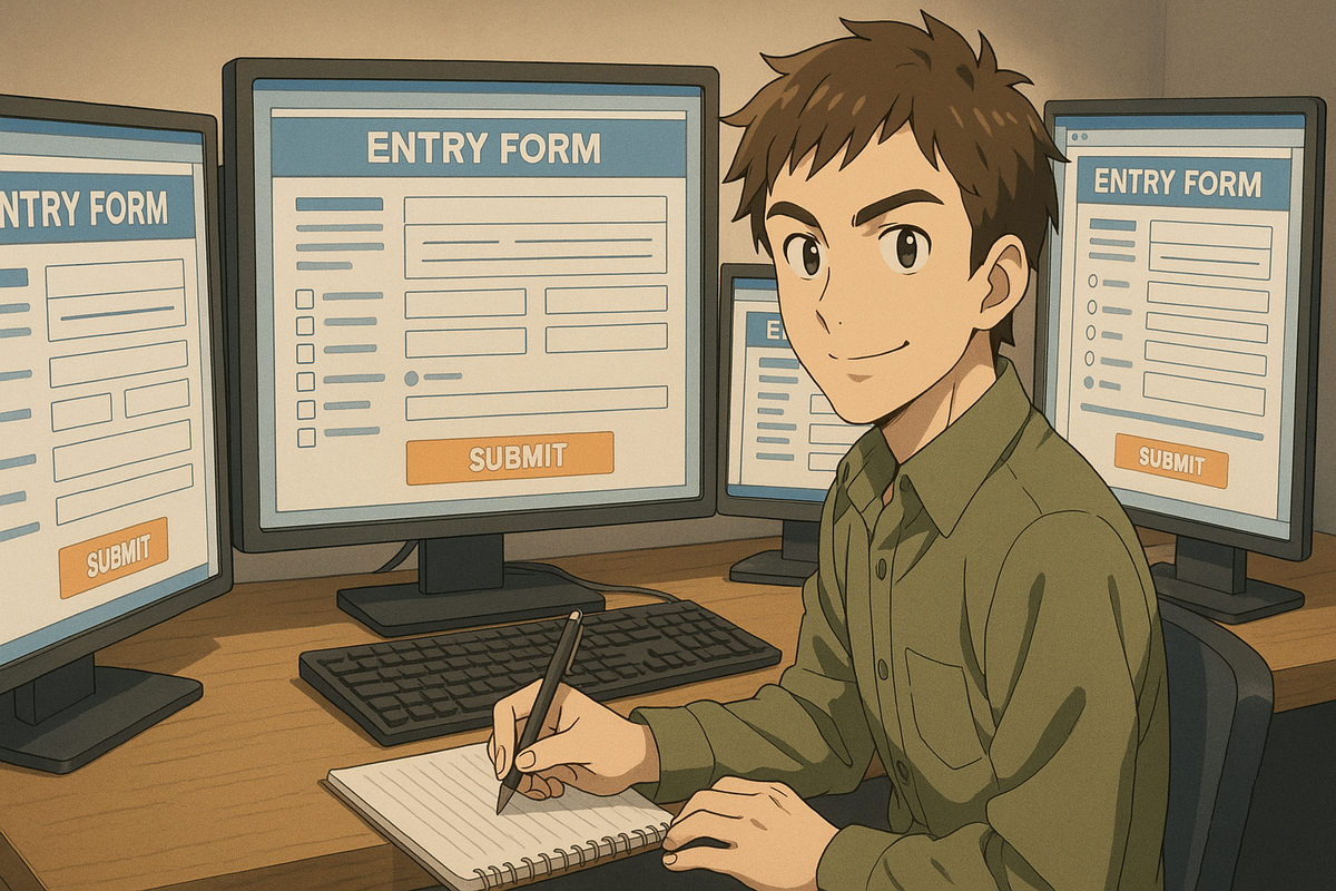 A determined young man confidently preparing multiple lottery entries for a game console release, surrounded by screens — the calm before the click.