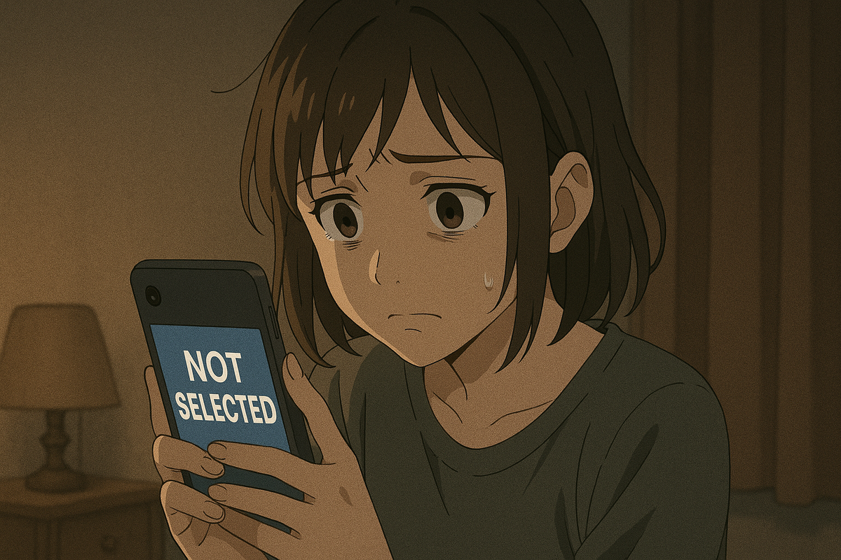 A young woman stares at her phone in shock and disappointment after seeing the words 'NOT SELECTED' — the crushing moment of lottery rejection.