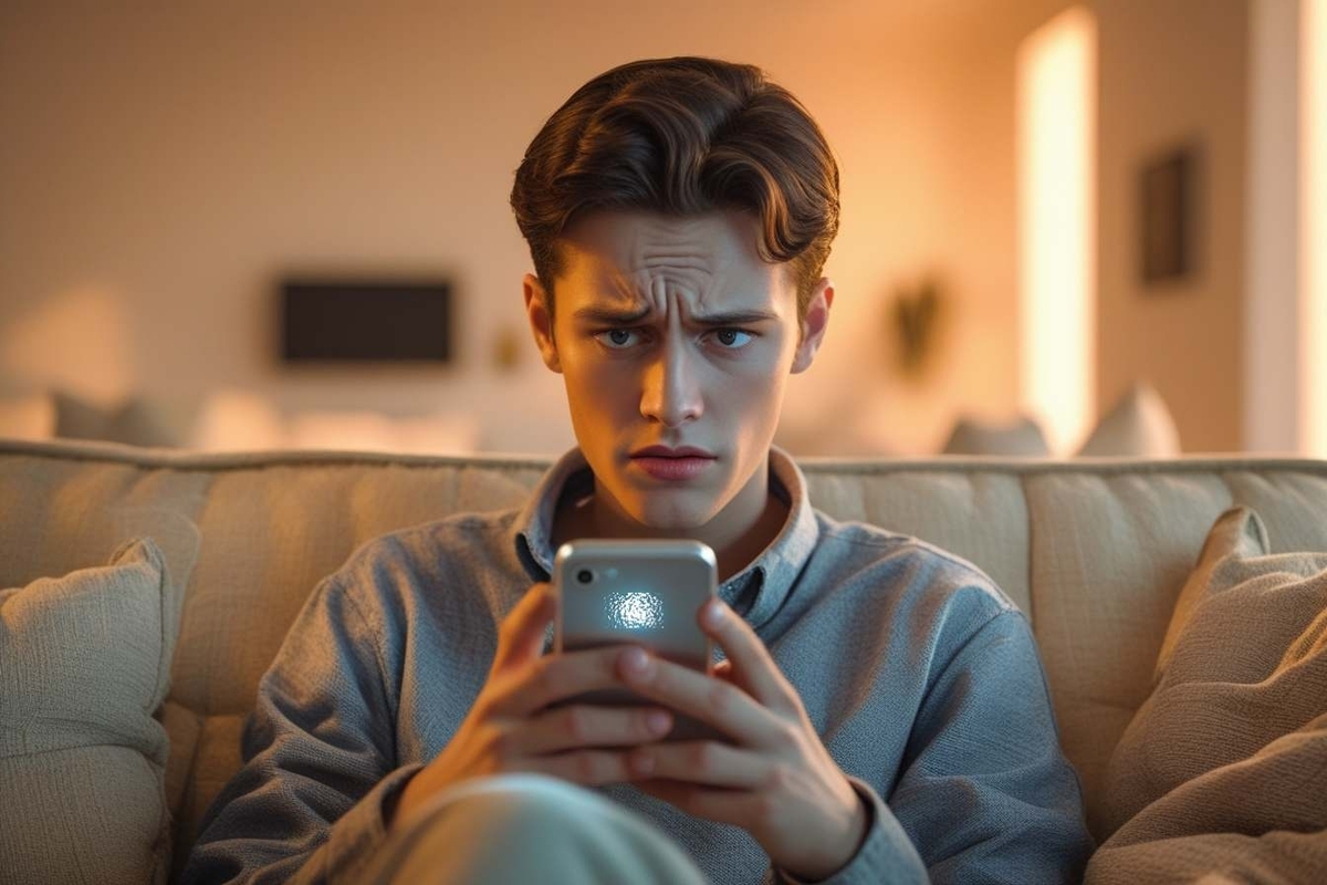 不安げな表情でスマートフォンの画面を真剣に見つめる若者の姿。抽選結果がわからず困惑している瞬間を捉えたイメージ。