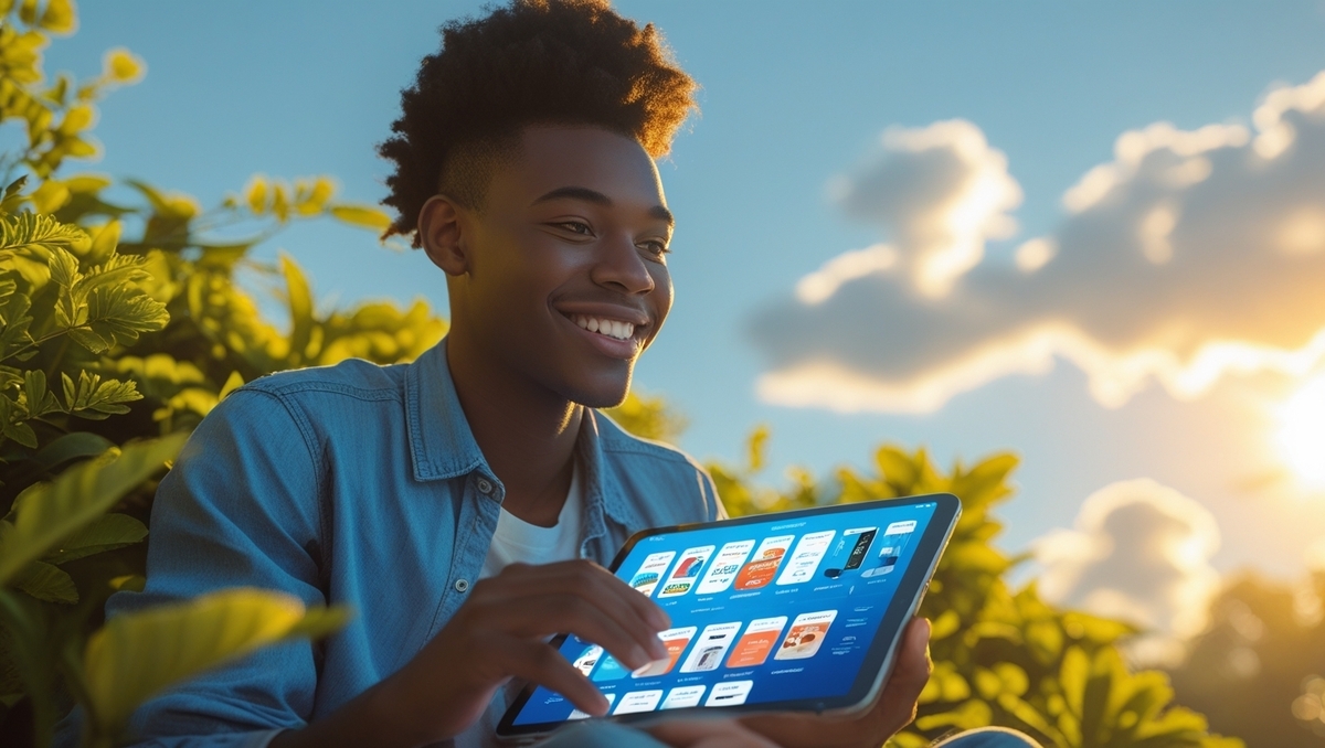 A happy young person checking results on a tablet outdoors, smiling with relief and excitement under the sunlight.