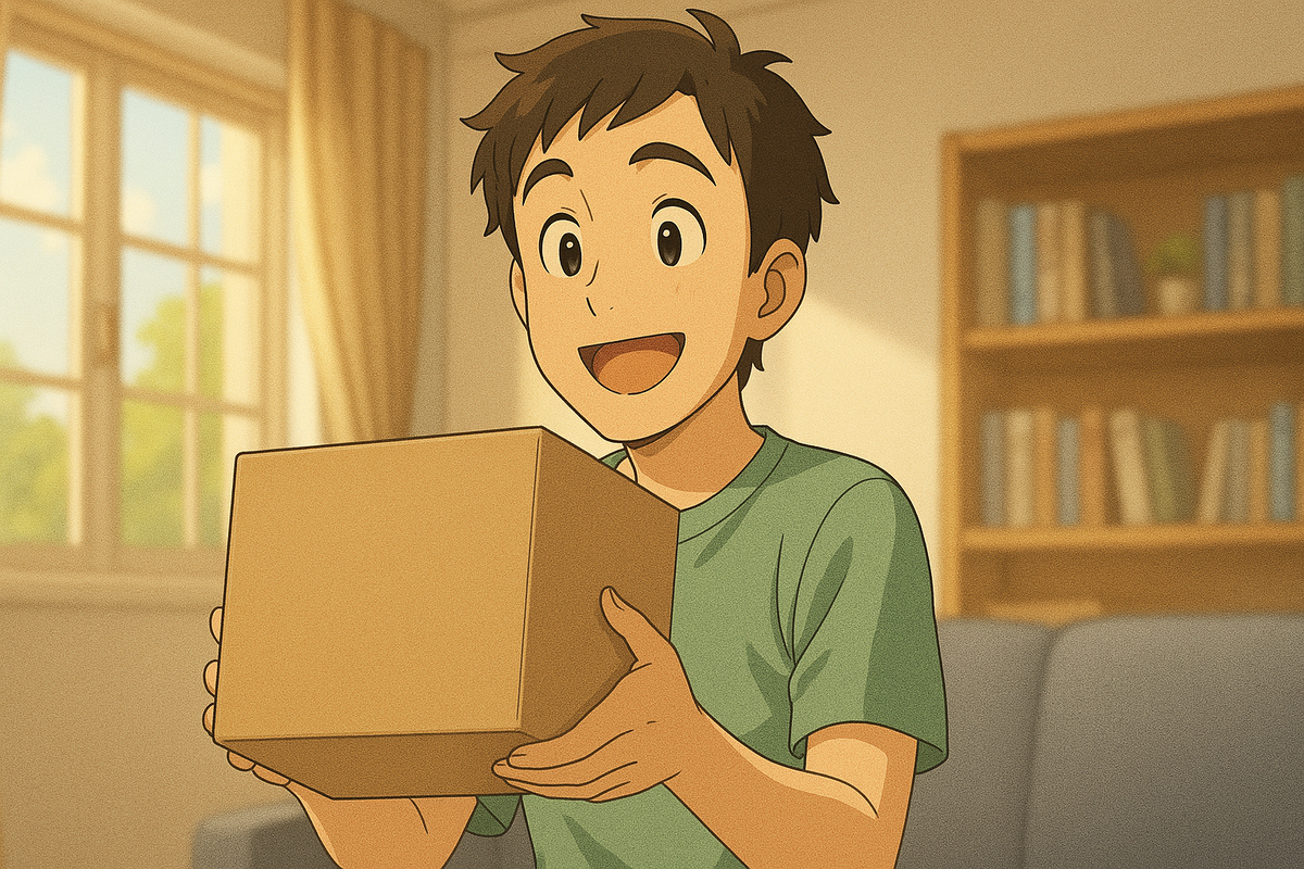 A joyful young person smiling brightly while holding a delivery box, filled with excitement and anticipation.