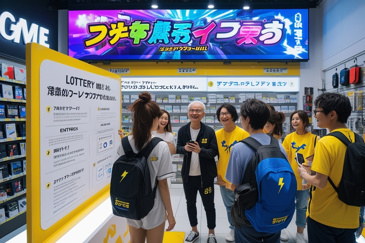 Happy group of people checking a lottery result board in a Japanese electronics store, smiling and sharing excitement.