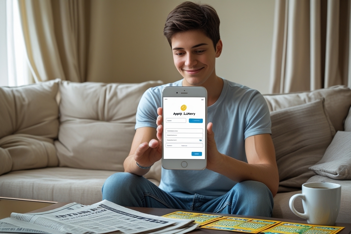 Smiling young person proudly showing a lottery application screen on their smartphone, relaxed at home and feeling hopeful.