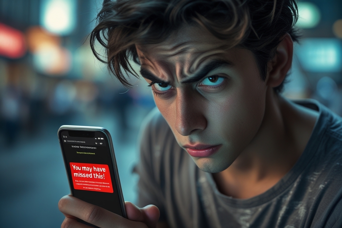 Frustrated young person glaring at their phone after missing a critical notification, unsure if they lost their lottery chance.