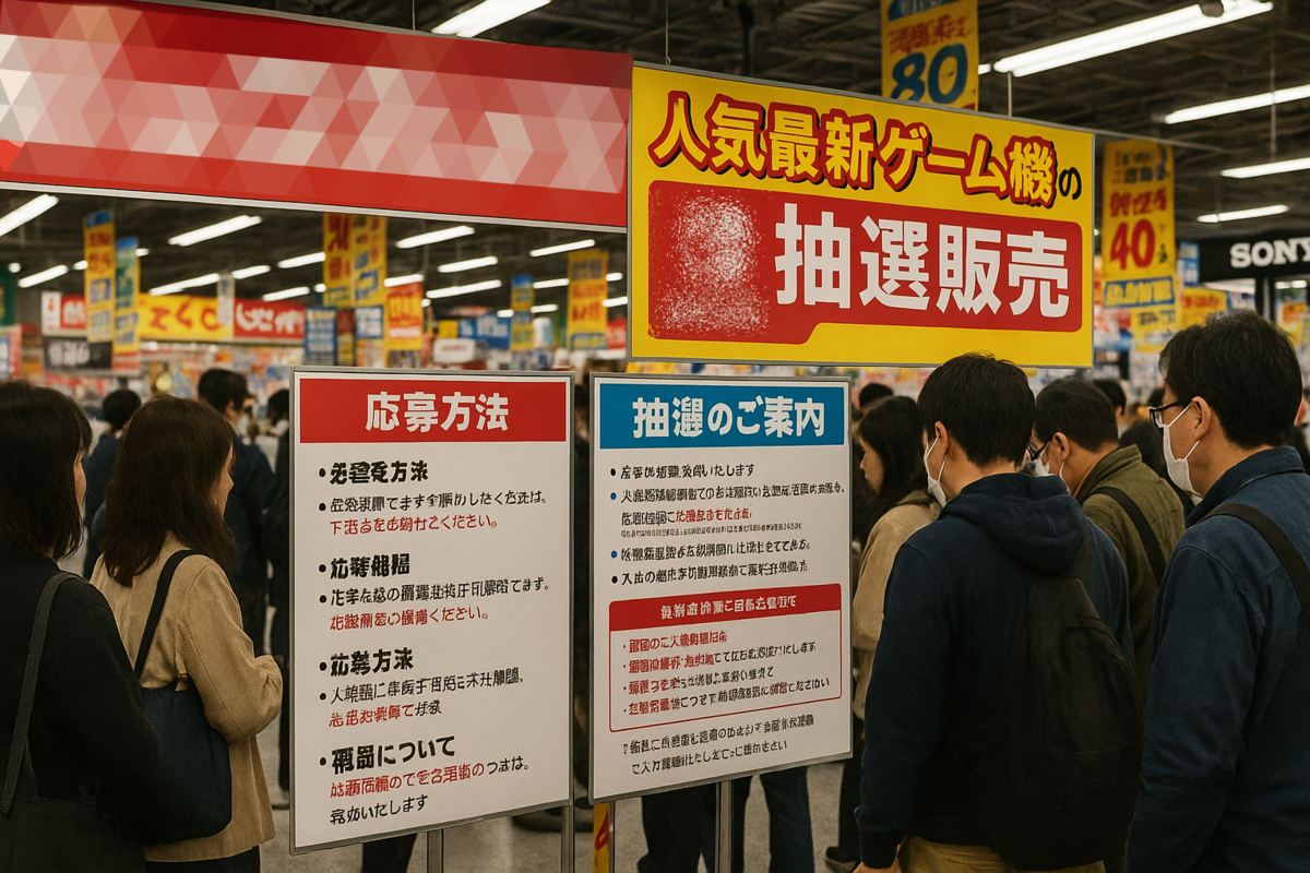 【ALT例】 「Nintendo Switchの抽選販売に長蛇の列。ビックカメラで行列を作るゲーマーたちの期待と緊張が入り混じる光景」