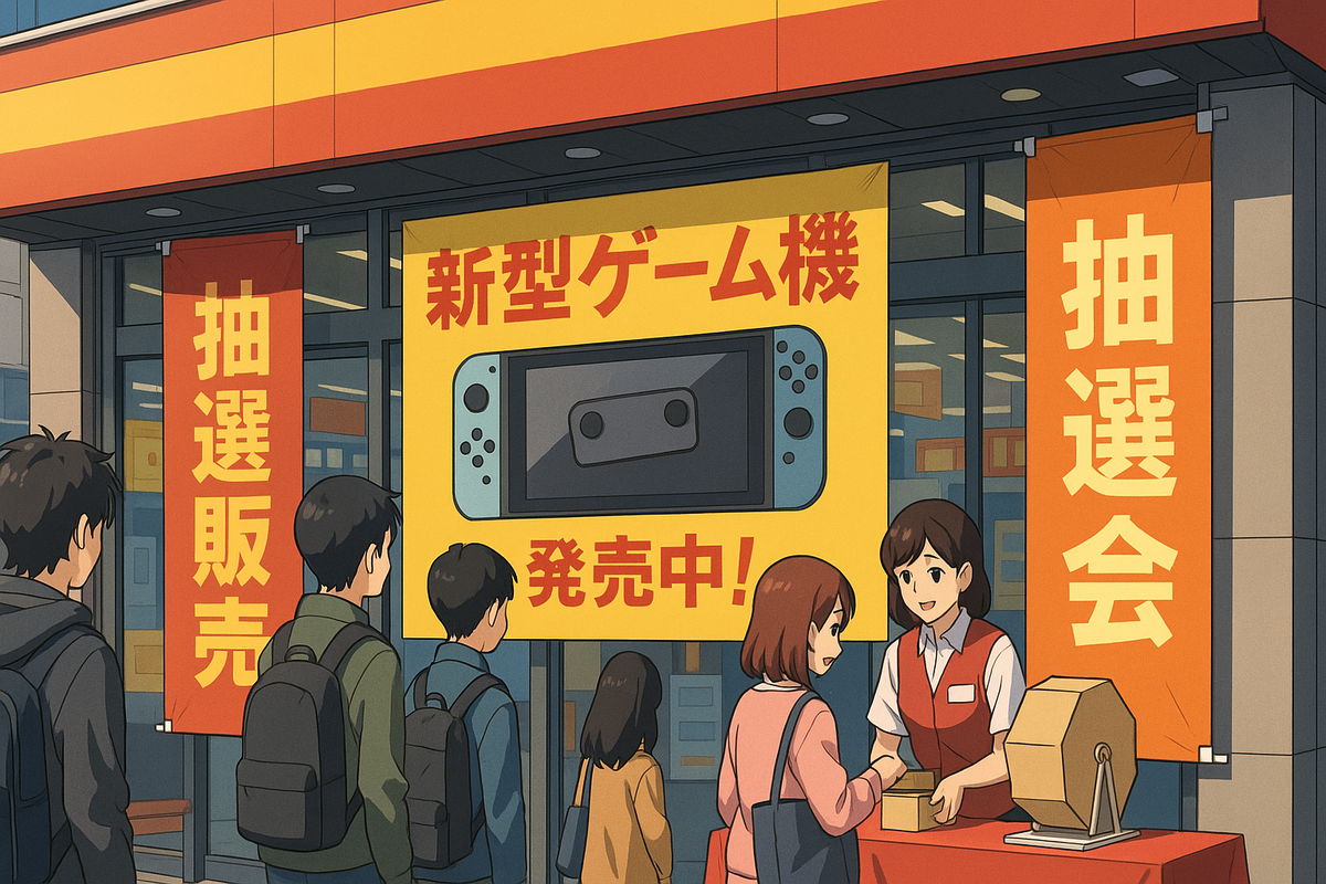 Customers lining up outside a Japanese store for a gaming console lottery, excited expressions and colorful banners create a festive atmosphere