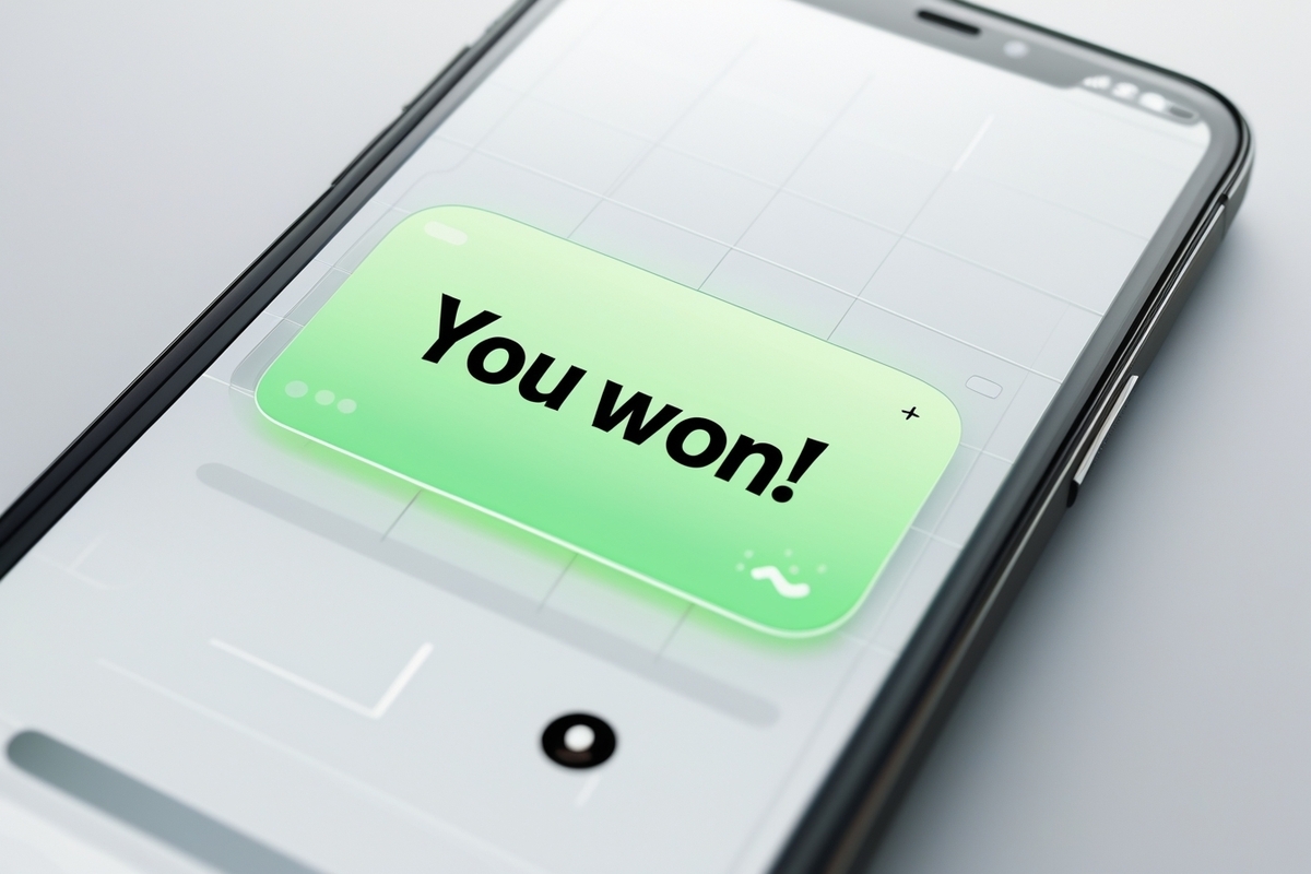 A smartphone screen showing a bright green notification saying 'You won!', symbolizing the excitement of winning a lottery or campaign