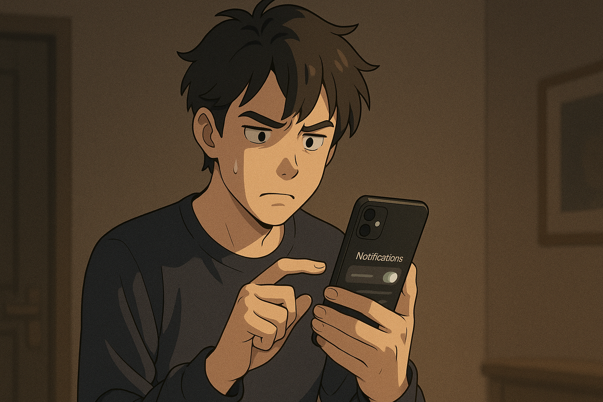 An anxious young man looking at his smartphone, worried about missing a notification for a lottery result