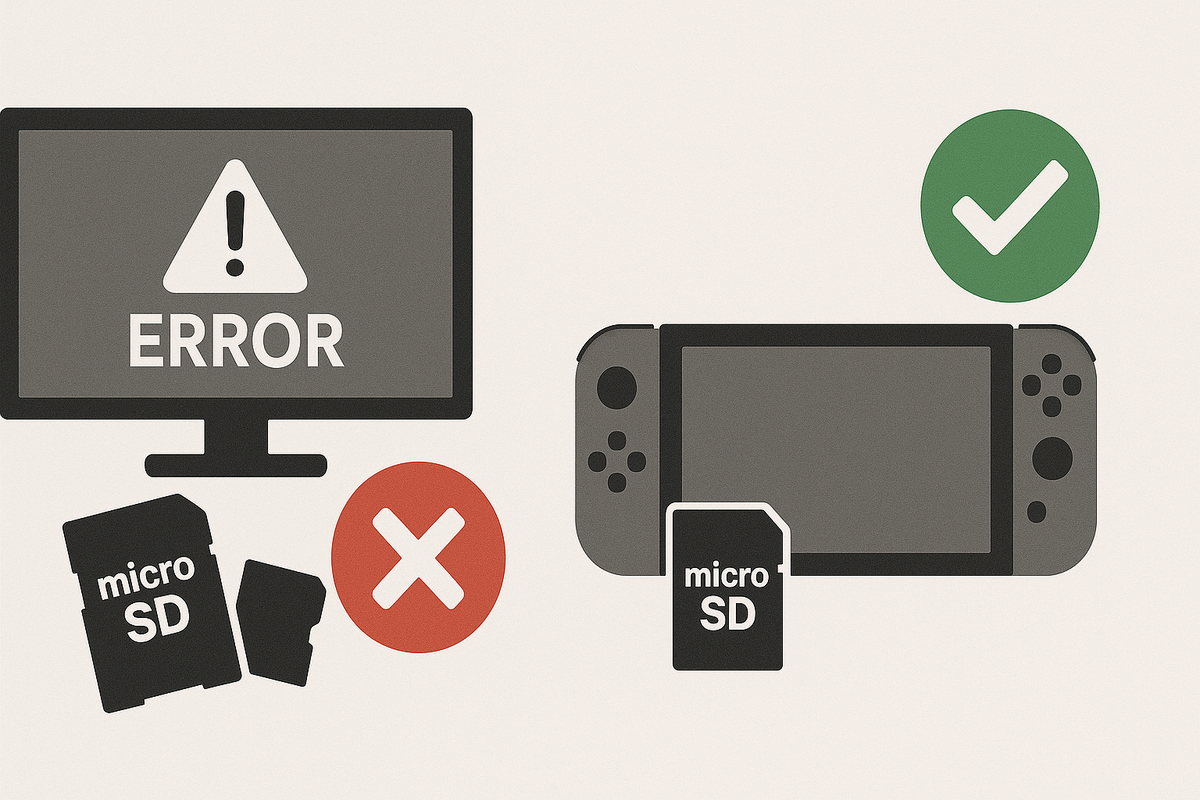 Illustration showing the wrong and right way to use a microSD card with Nintendo Switch — avoid errors and protect your game data with the correct setup!