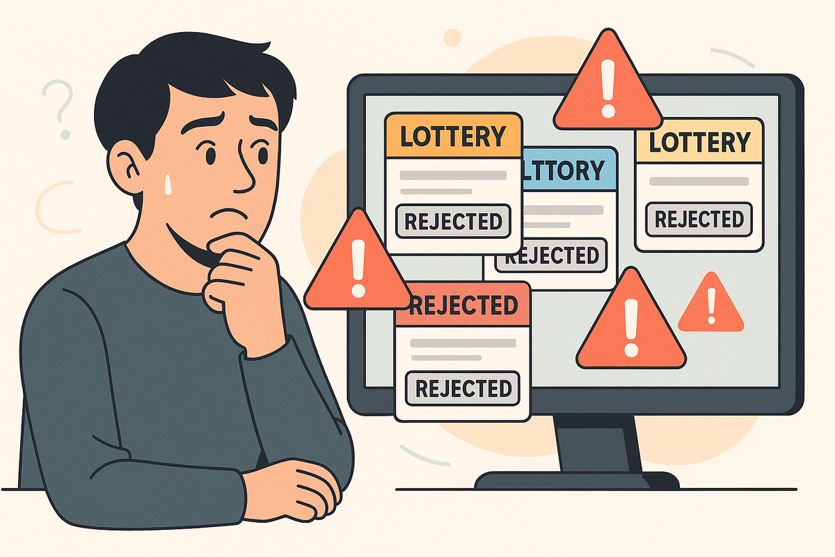 Man looking frustrated after multiple lottery rejections on screen, surrounded by warning icons.
