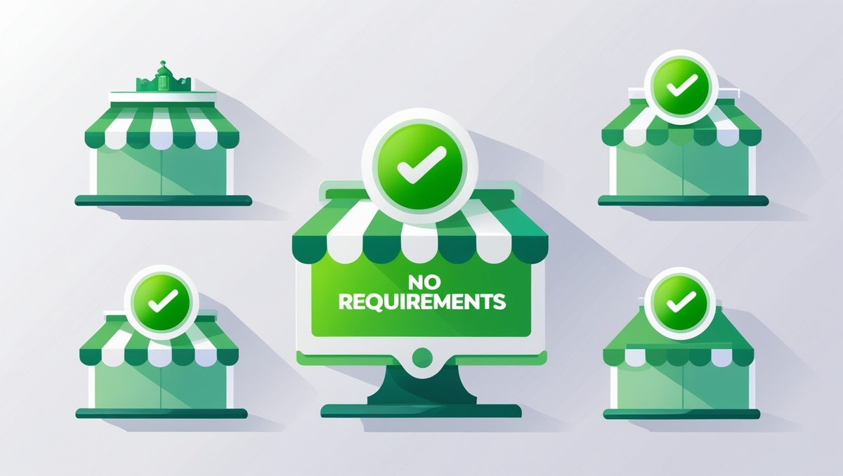 Online stores with green check marks and a central label saying 'No Requirements' – a visual summary of stores offering Switch 2 lottery without conditions.