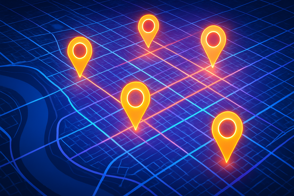 A glowing digital city map with five bright orange location pins, representing secret stores where lucky winners might discover a rare Switch2 unit.