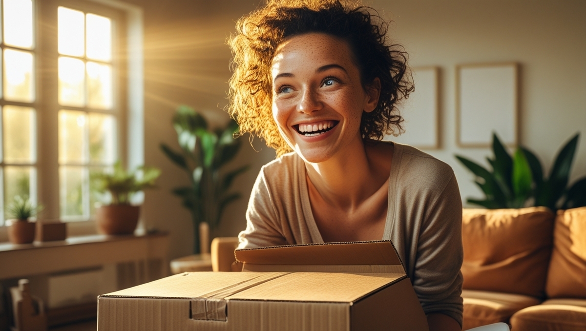 A woman joyfully opening a package with radiant sunlight behind her, capturing the emotional high of finally winning a rare item like the Switch2.