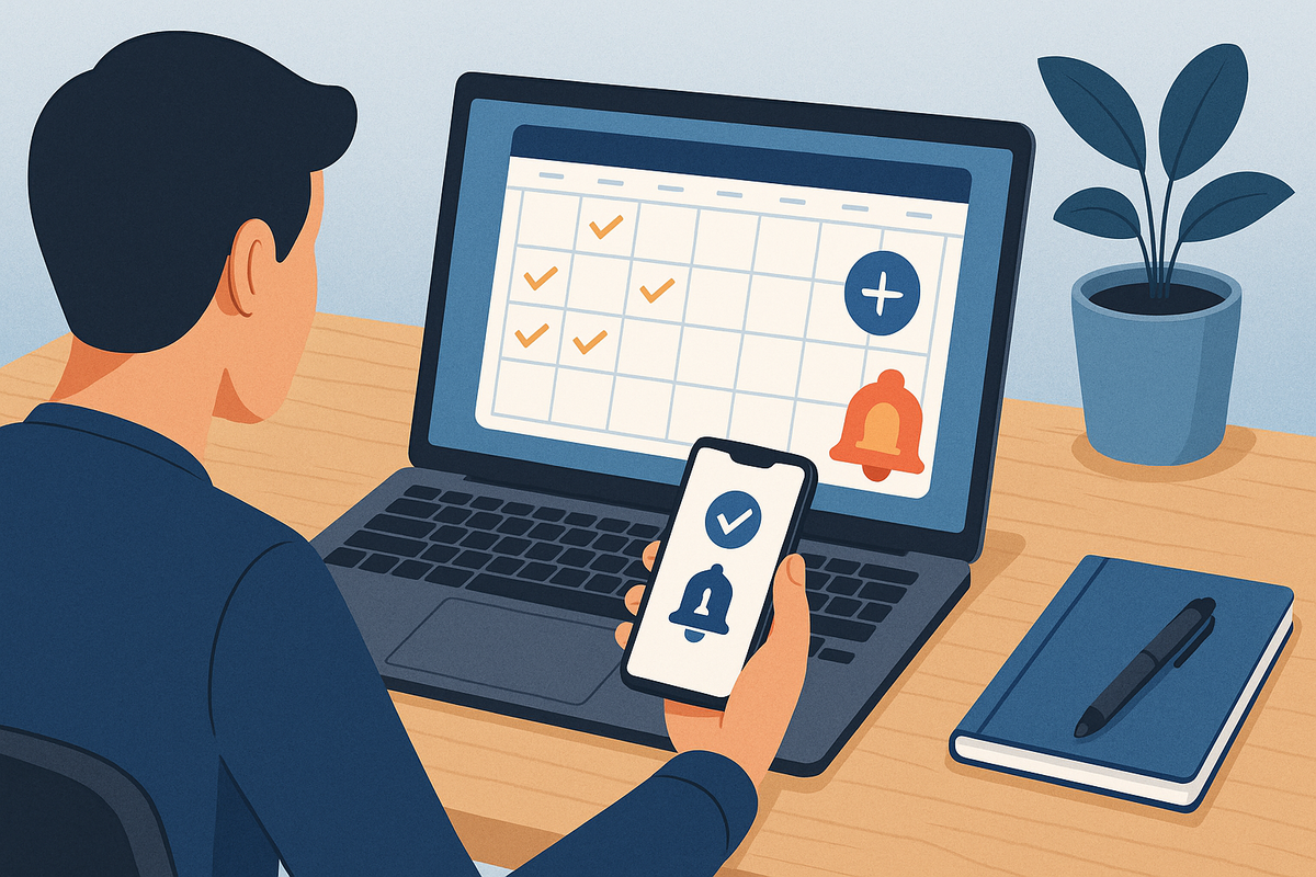 Man setting calendar reminders on laptop and smartphone to never miss a chance—fully prepared and focused on winning.