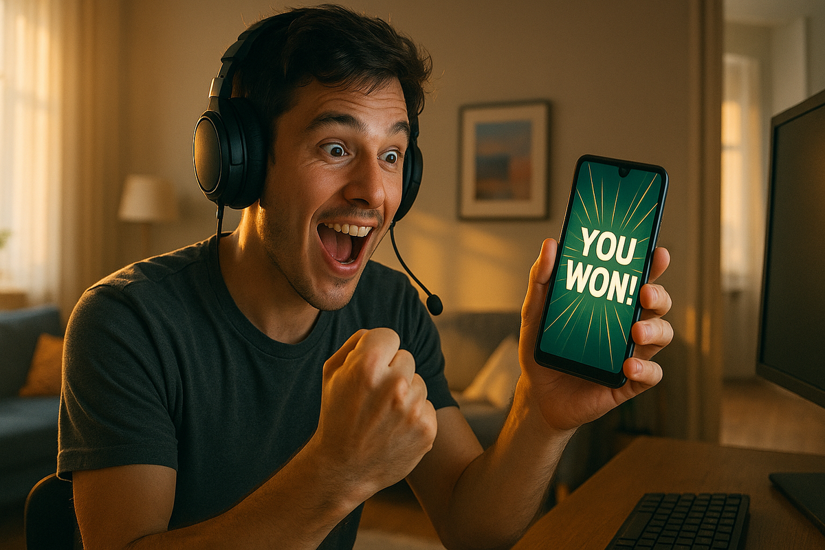 A burst of joy the moment of winning! A big smile lights up as 'YOU WON!' appears on the smartphone screen.
