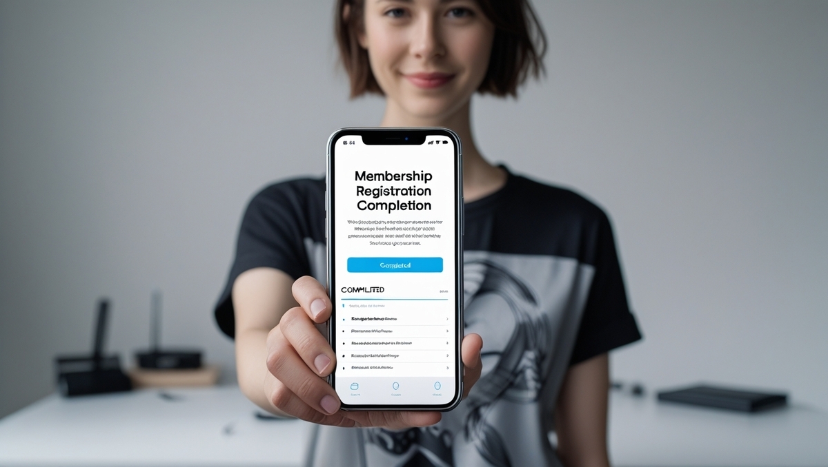 A cheerful woman proudly shows her phone screen confirming successful membership registration — a sense of readiness and satisfaction shines through.